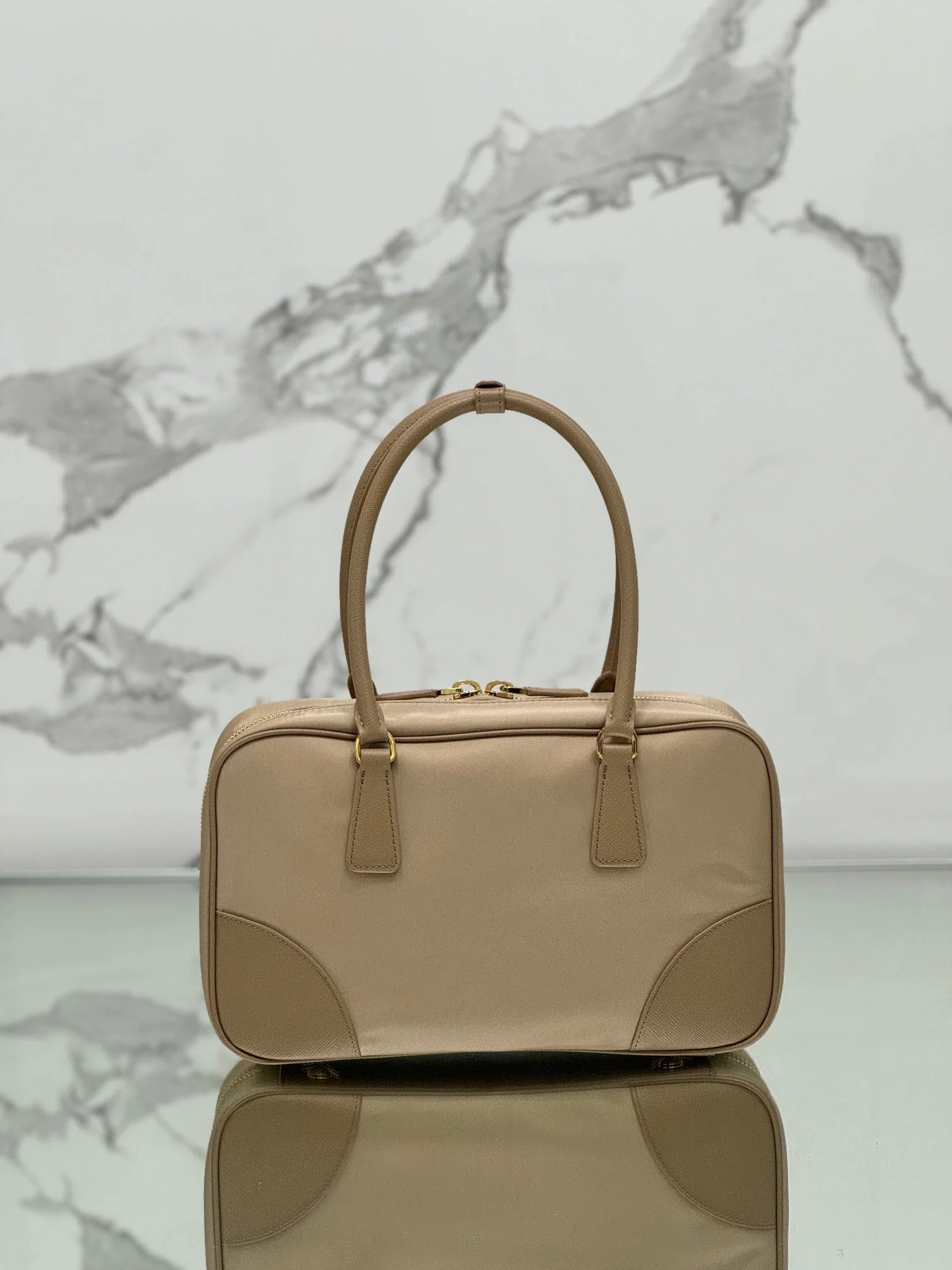 Prada LARGE TOP HANDLE BAG 35 IN DRIED MOSS NYLON AND CALFSKIN TRIM