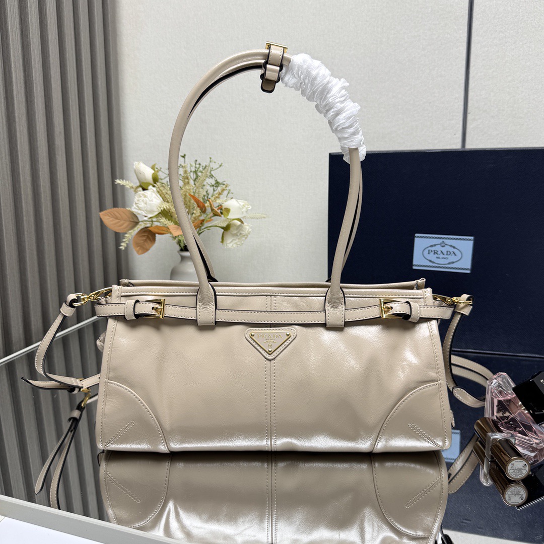 Prada Bonnie Medium Shiny Calfskin Tote-Beige
