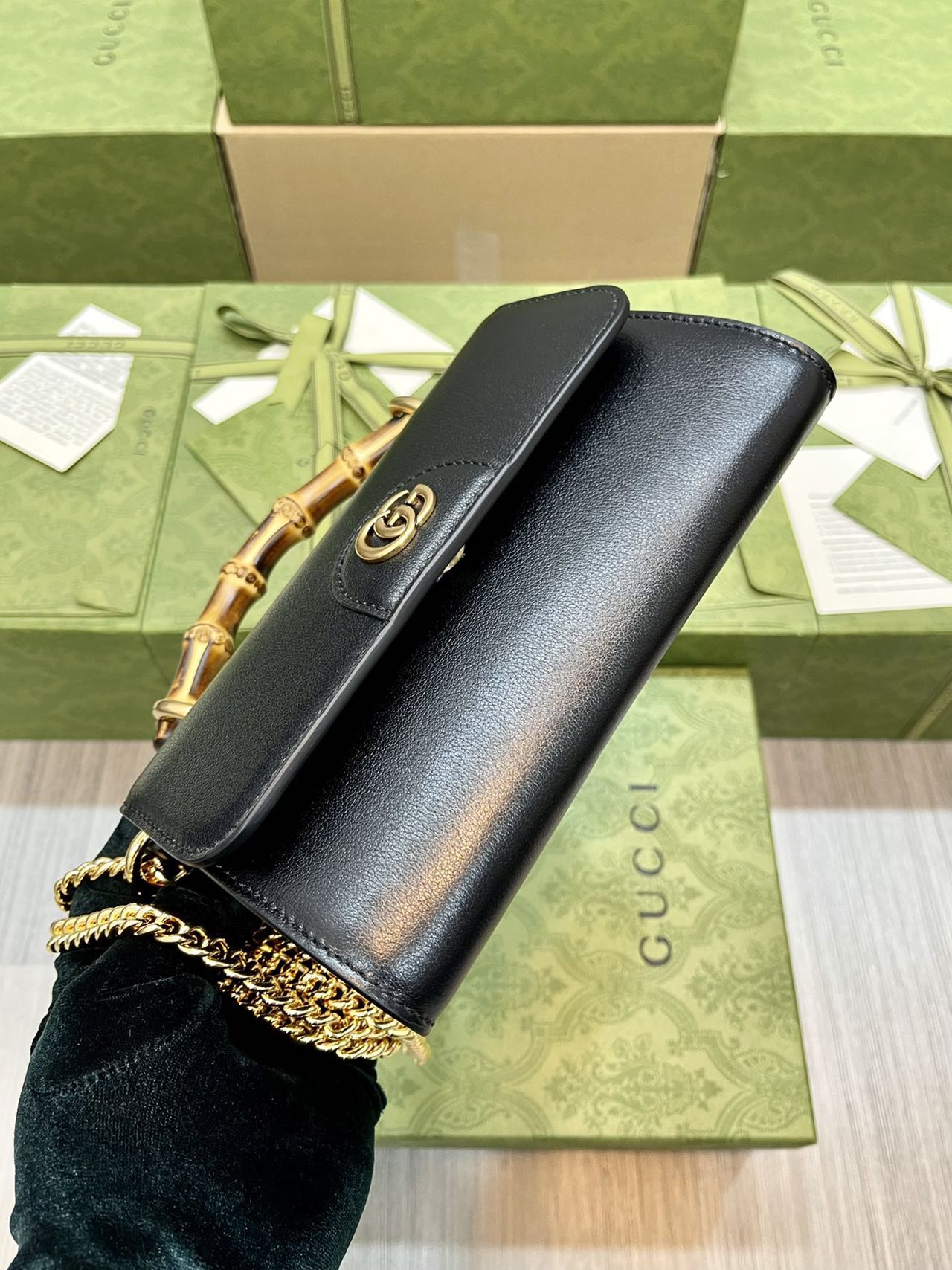 GUCCI bamboo joint double G chain baguette bag