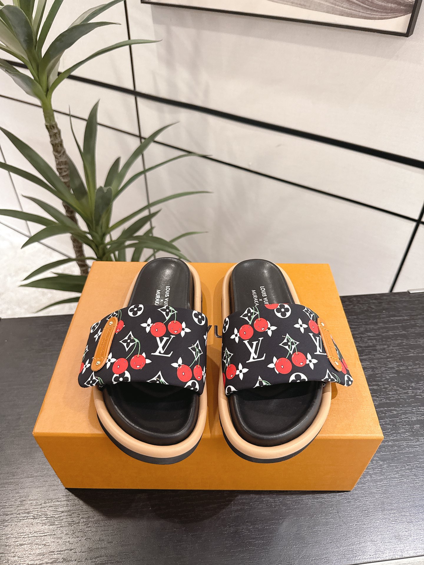 Louis Vuitton × Takashi Murakami Black Monogram Cerises Puffy Velcro Strap Flat Slides Sandals - KAIROO