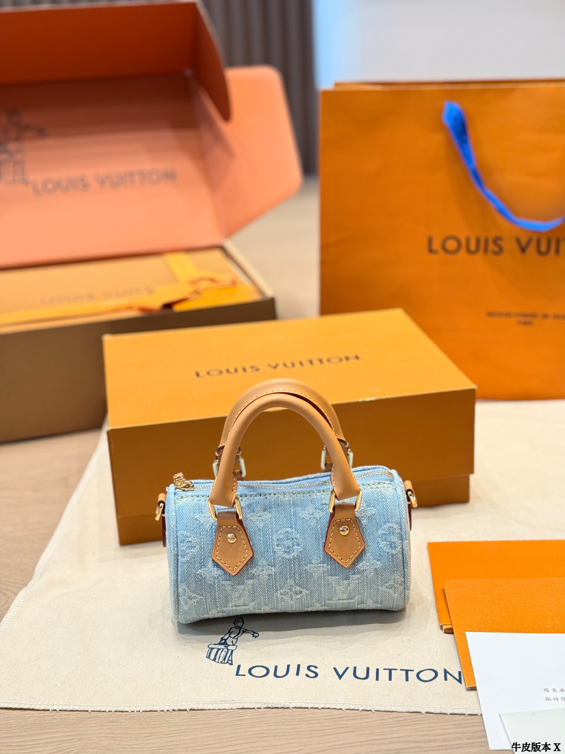 Louis Vuitton Speedy Nano 16 Denim Light Blue Monogram Jacquard Boston Barrel Crossbody Bag - KAIROO