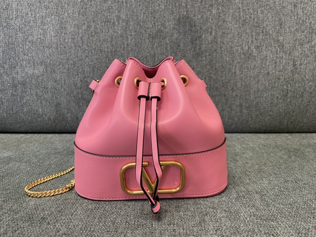 Valentino Pink Gold VLogo Signature Smooth Leather Drawstring Bucket Crossbody Bag - KAIROO