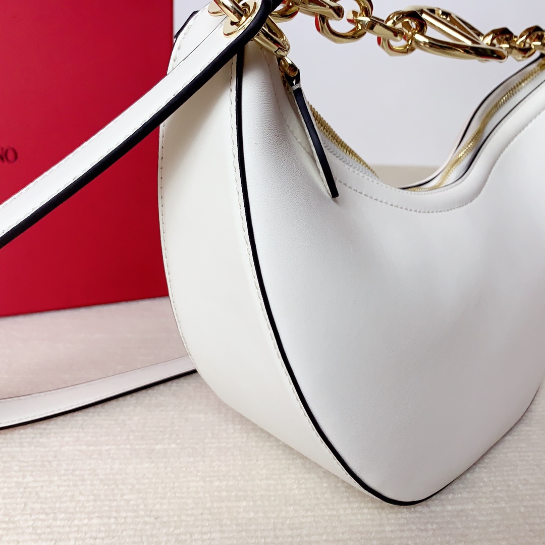Valentino Small Vlogo Moon Hobo in Smooth Calfskin-White