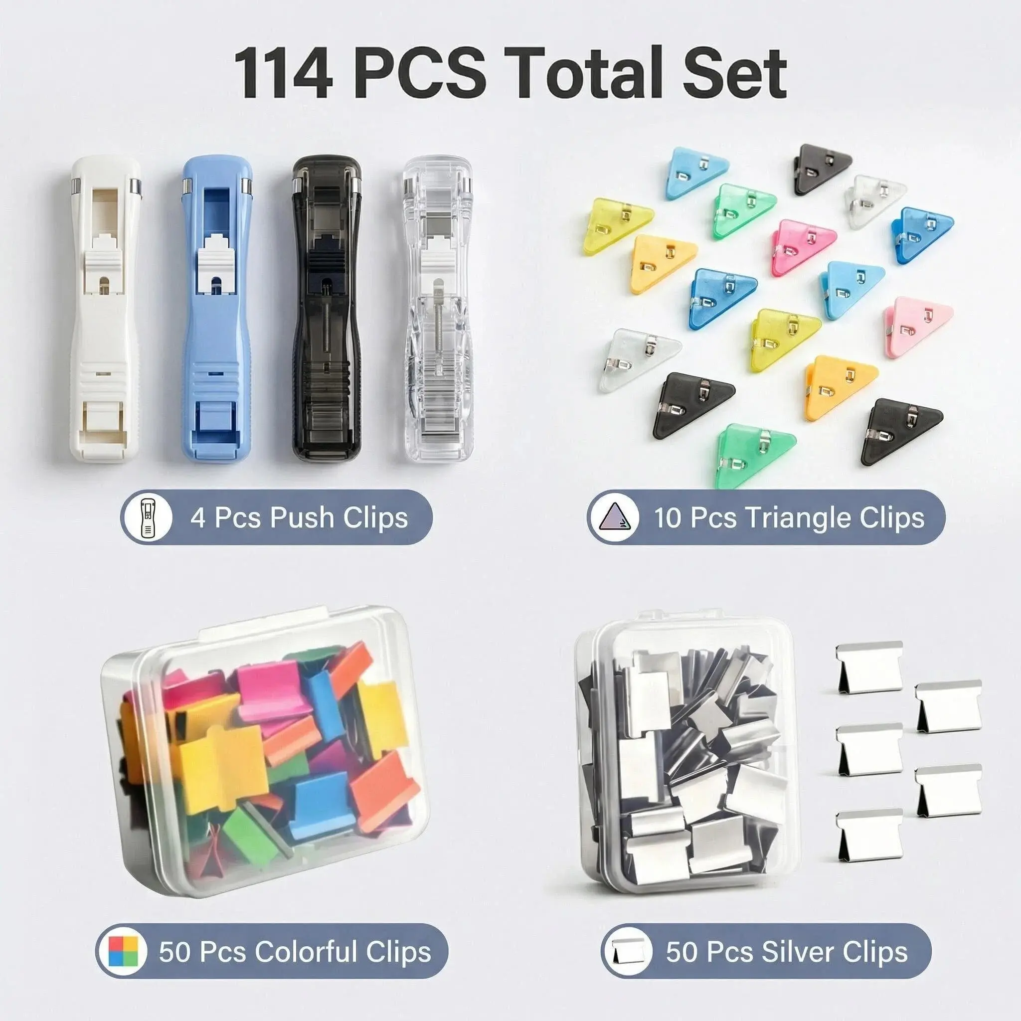 114-Piece Push Stapler & Clip Dispenser Set - Damage-Free Paper Binder with 4 pcs ZipClip &100 Reusable Refills & 10 Triangle Corner Clips