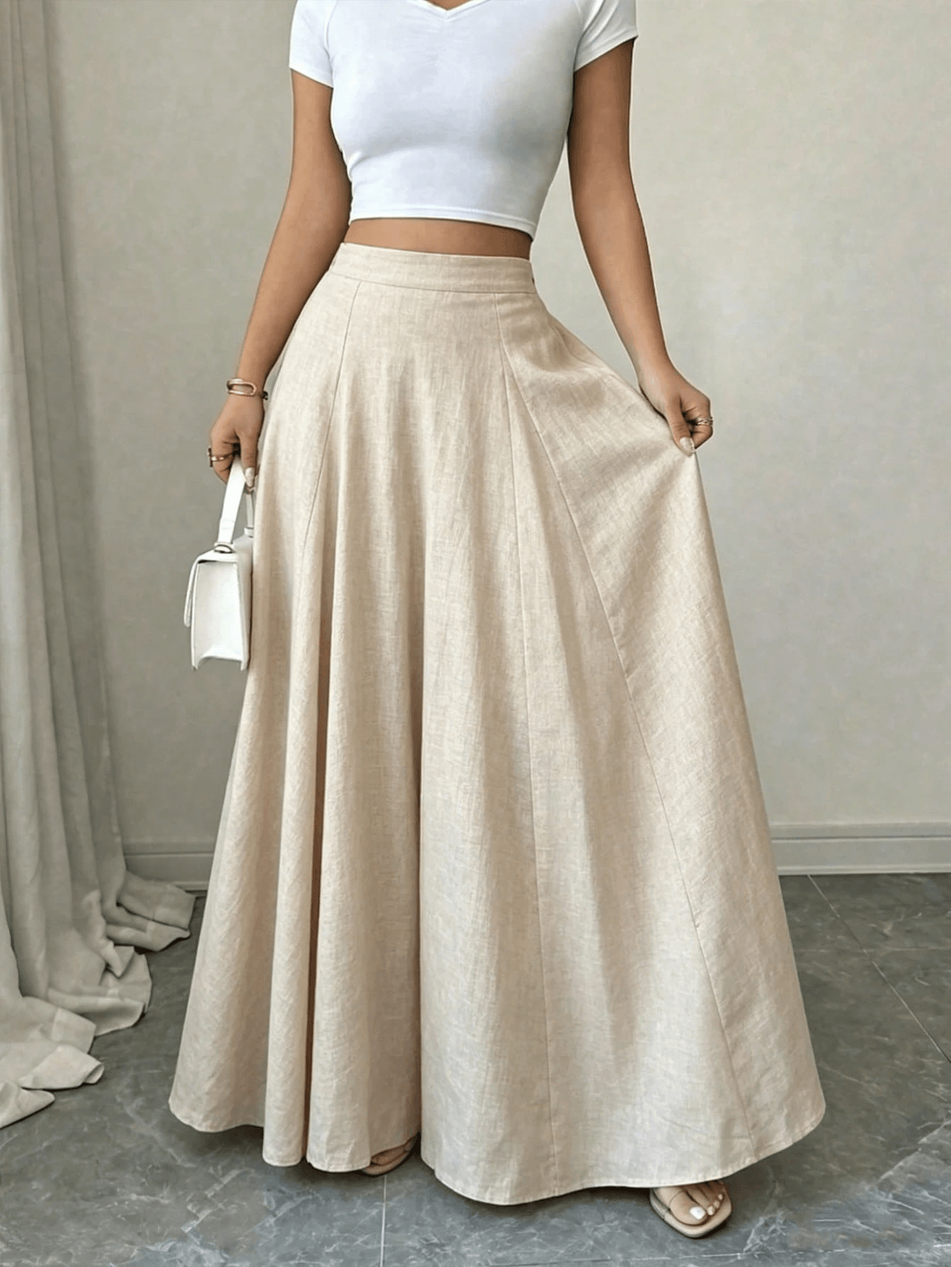 Women's Apricot Linen High Waist Wide Leg Pants