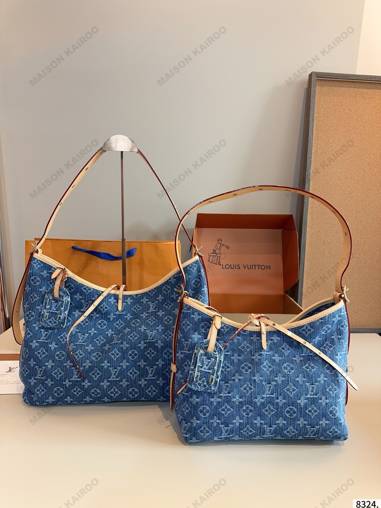Louis Vuitton LV Carryall PM/MM Monogram Denim Blue Bow Vachetta Leather Hobo Tote Shoulder Bag - KAIROO