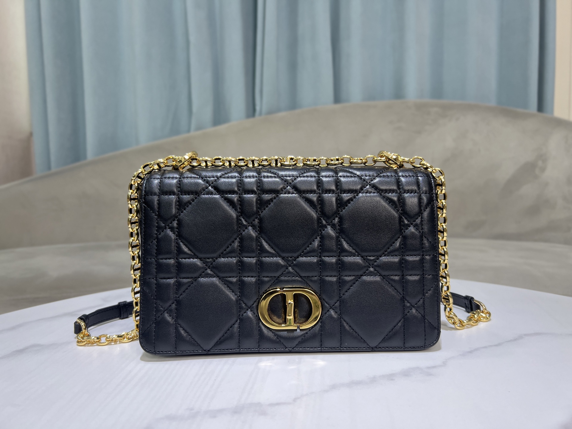 Medium Soft Dior Caro in Black Quilted Lambskin
