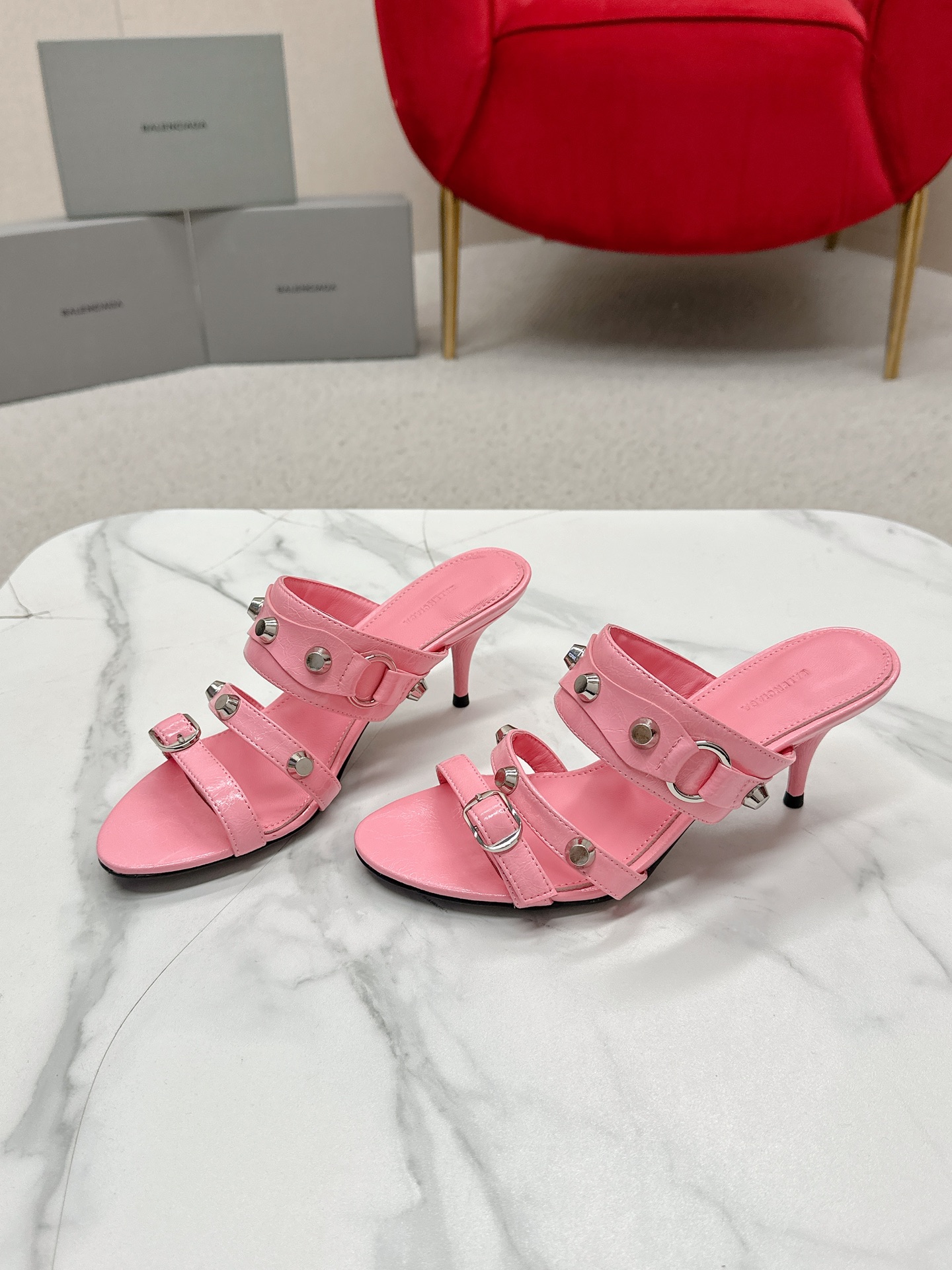 Balenciaga Cagole Pink Leather Studded Buckle Strap Pointed Toe Kitten Mules Heels /Top Version - KAIROO