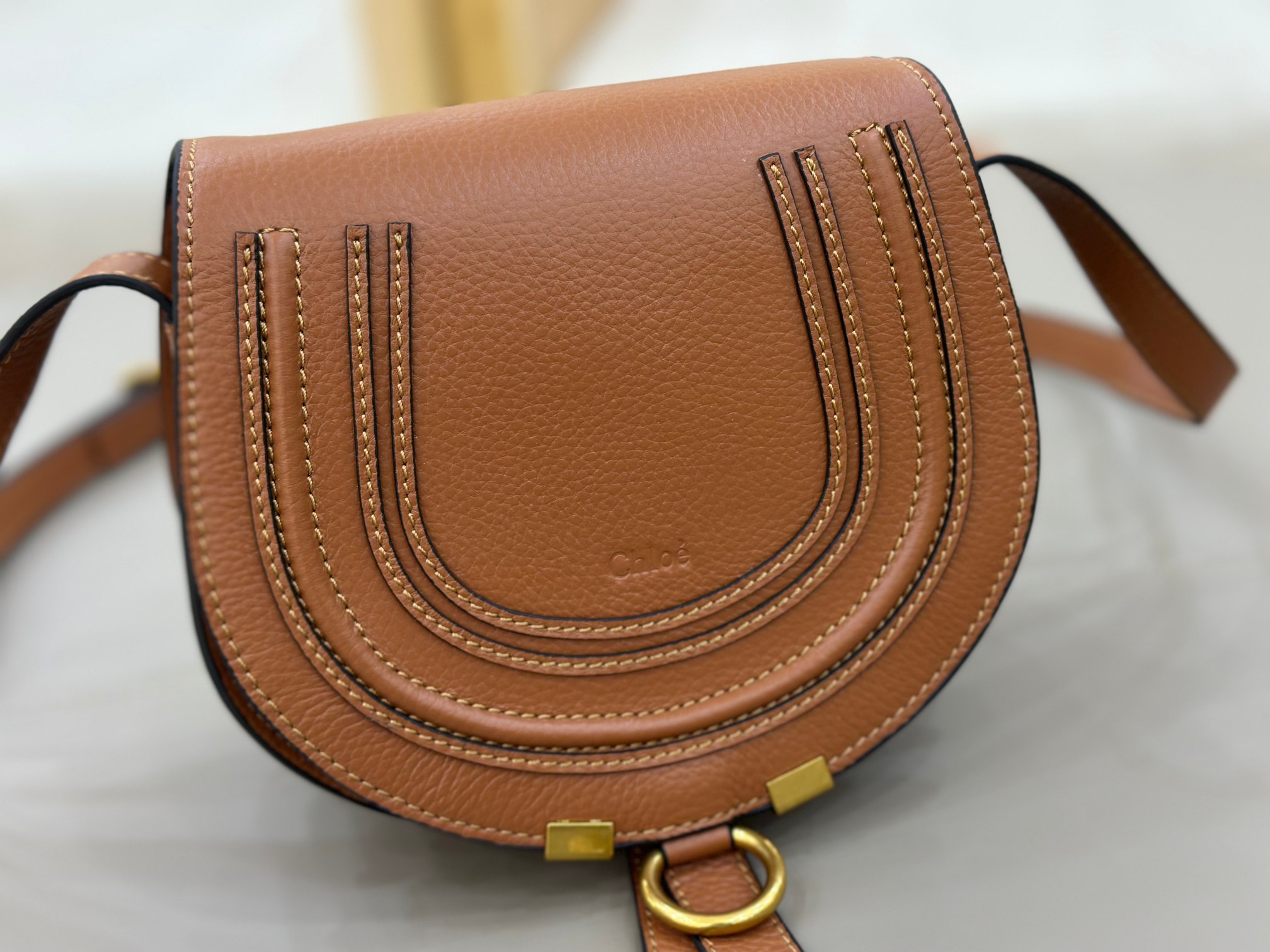 Chloe Small Marcie Saddle Bag in Grained Calfskin-Tan