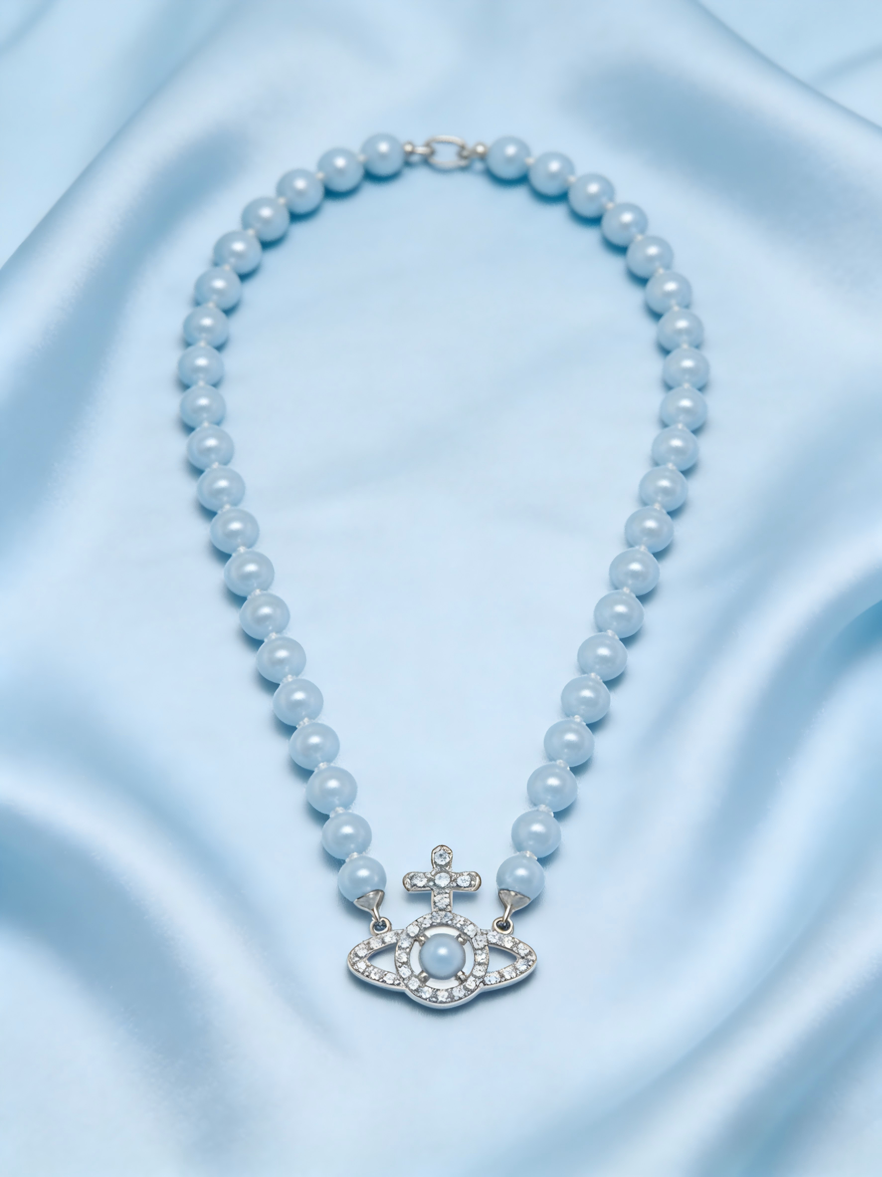 Trendy Pastel Blue Beaded Necklace with Planet Charm – Perfect for Everyday Wear