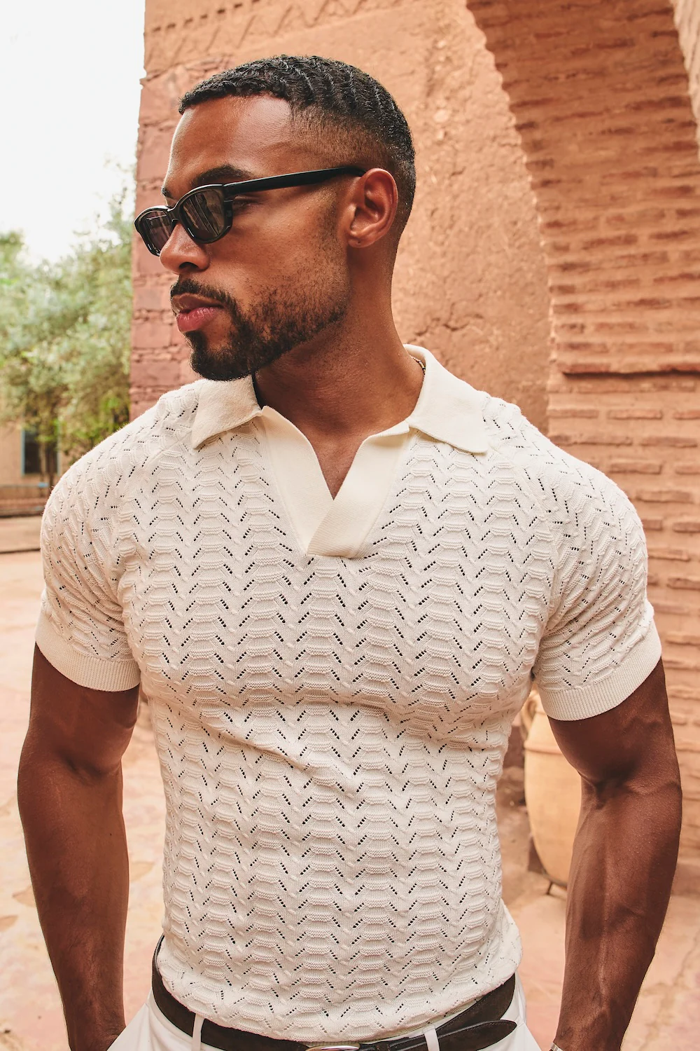 Pointelle Knitted Open Collar Polo Shirt in Chalk