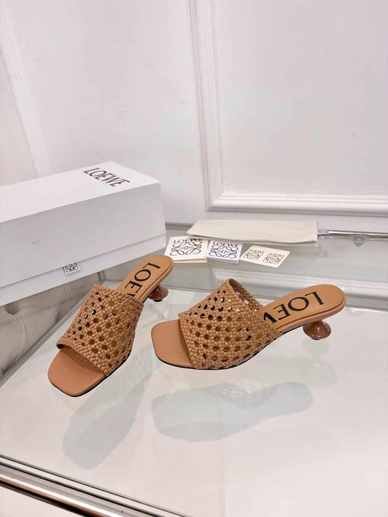 Loewe Open Square Toe Weave Leather Goblet Comma Kitten Heeled Sandals Mules - KAIROO