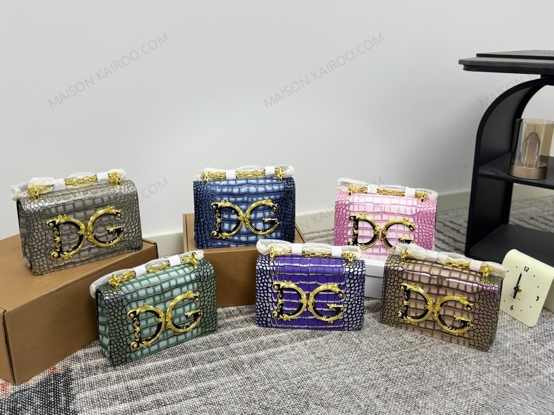 Dolce & Gabbana DG Baroque Logo Iridescent Gloss Croc Leather Chain Flap Shoulder Bag - KAIROO