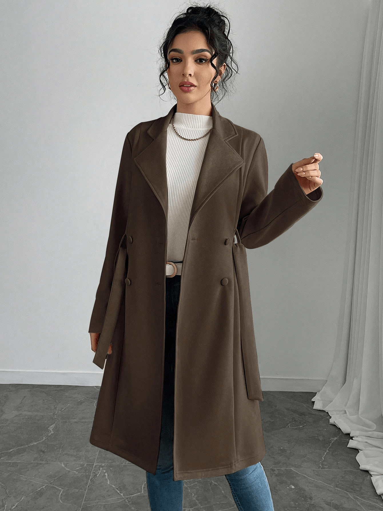 Women Solid Faux Suede Double Breasted Casual Jacket