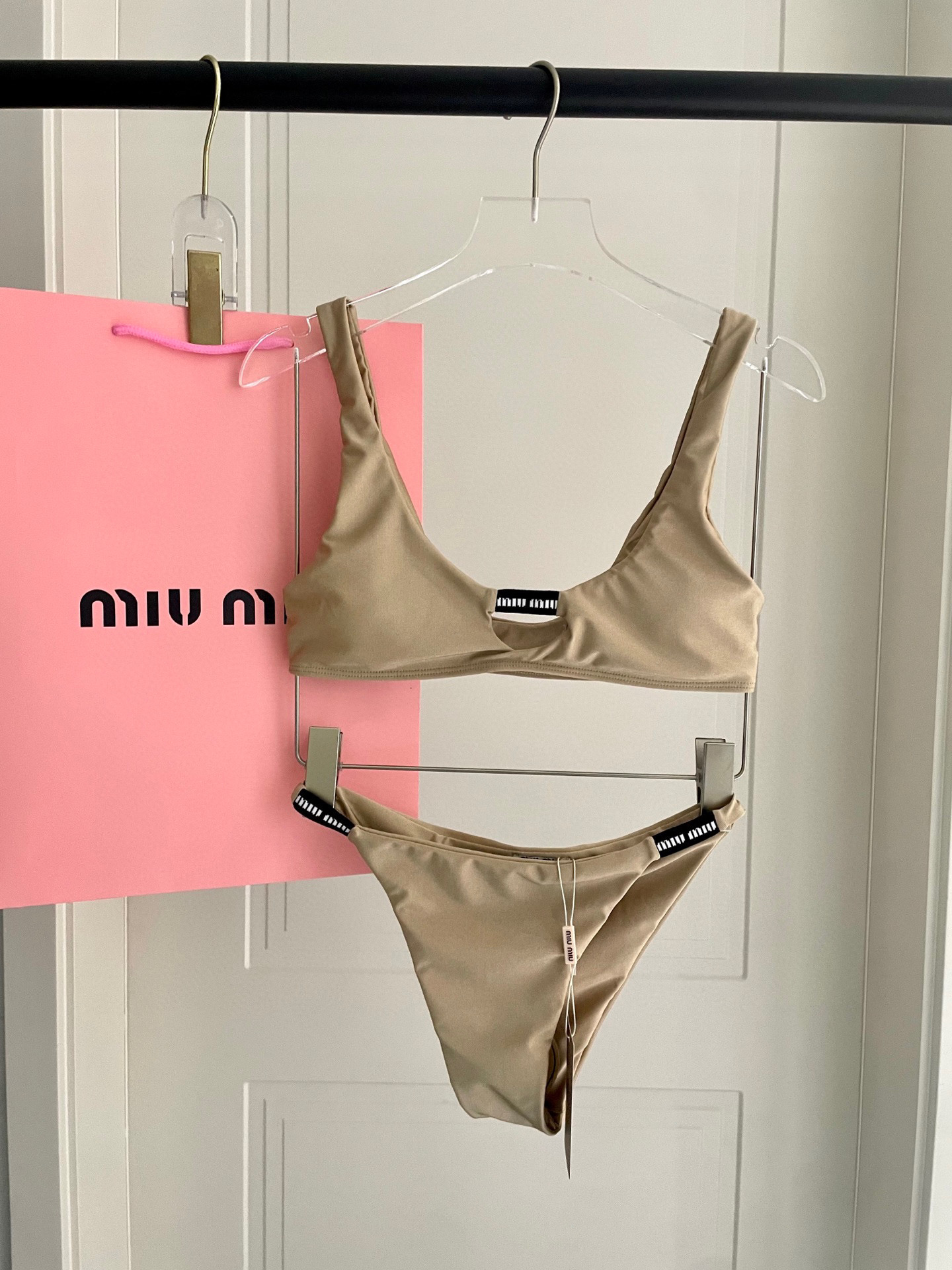 Miu Miu Champagne Velvet Twist Cutout Logo Bikini Two-Piece Swimsuit - KAIROO