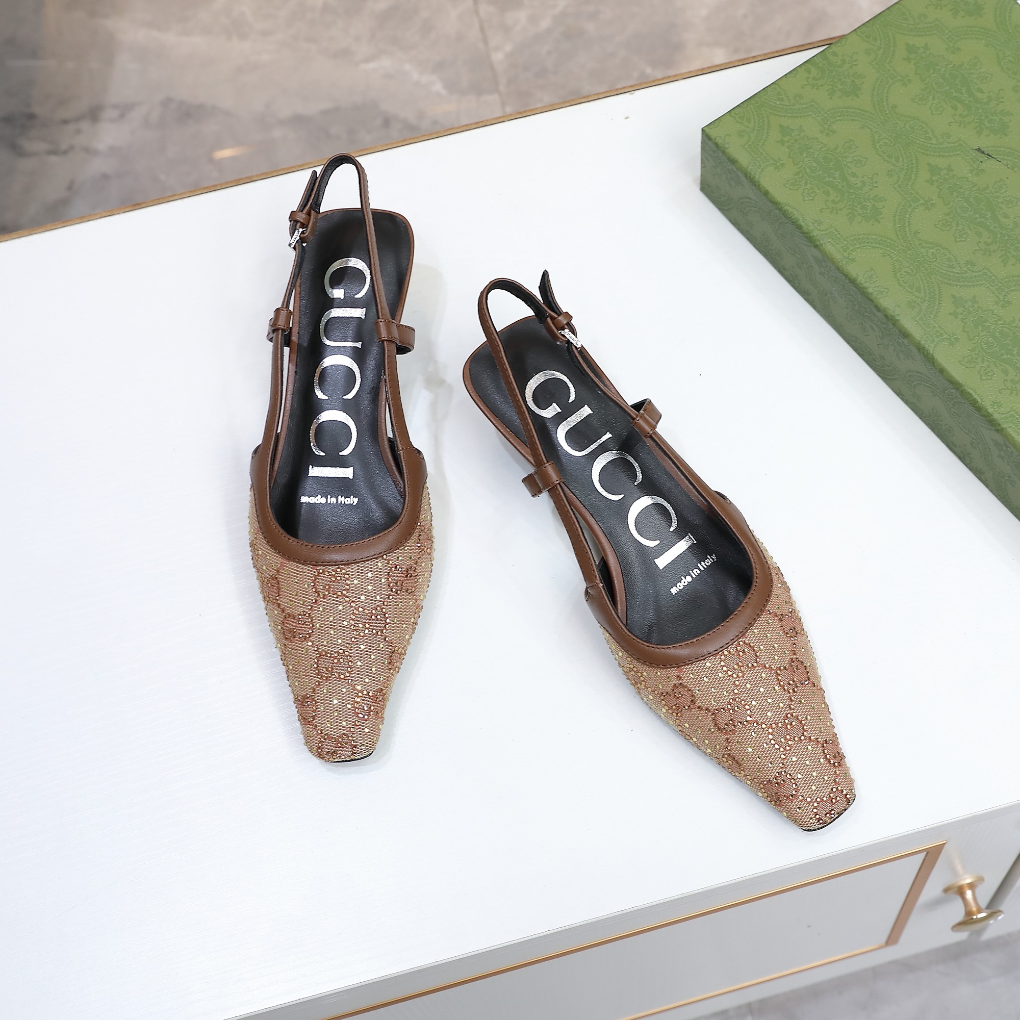 Gucci Crystal GG Monogram Leather Trim Square Toe Slingback Kitten Heels Sandals - KAIROO
