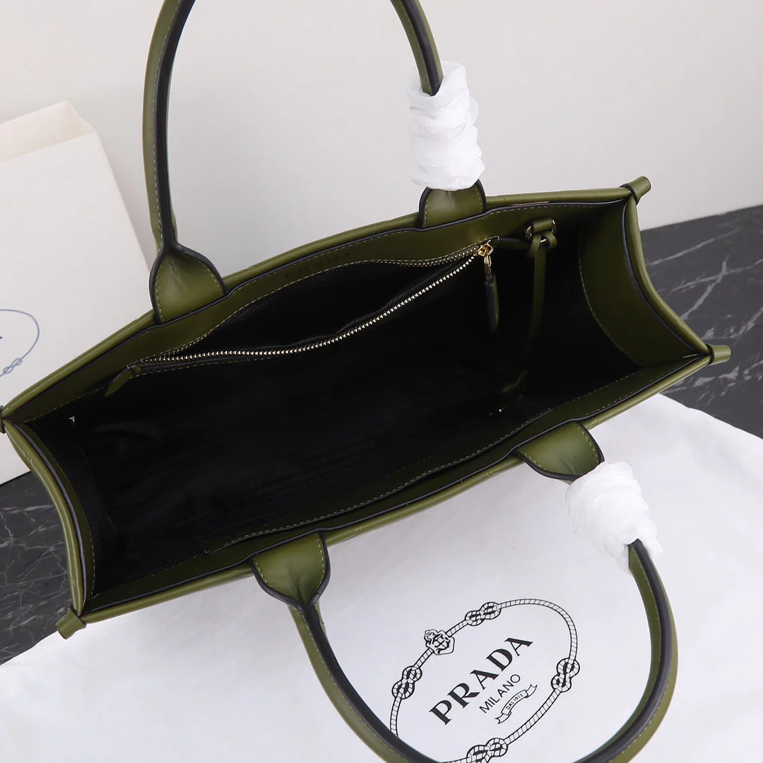 Prada LARGE 39 TOTE IN OLIVE GREEN CALFSKIN GOLD HARDWARE