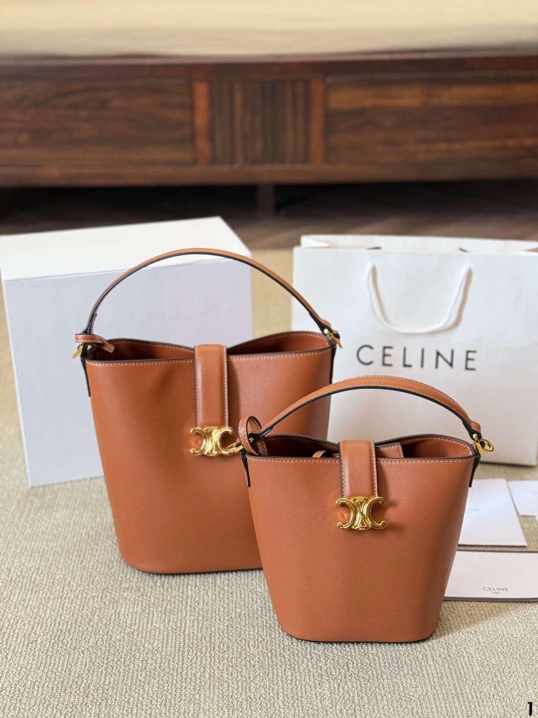 Celine Tan Leather Gold Triomphe Buckle Lock Adjustable Strap Bucket Tote Bag - KAIROO