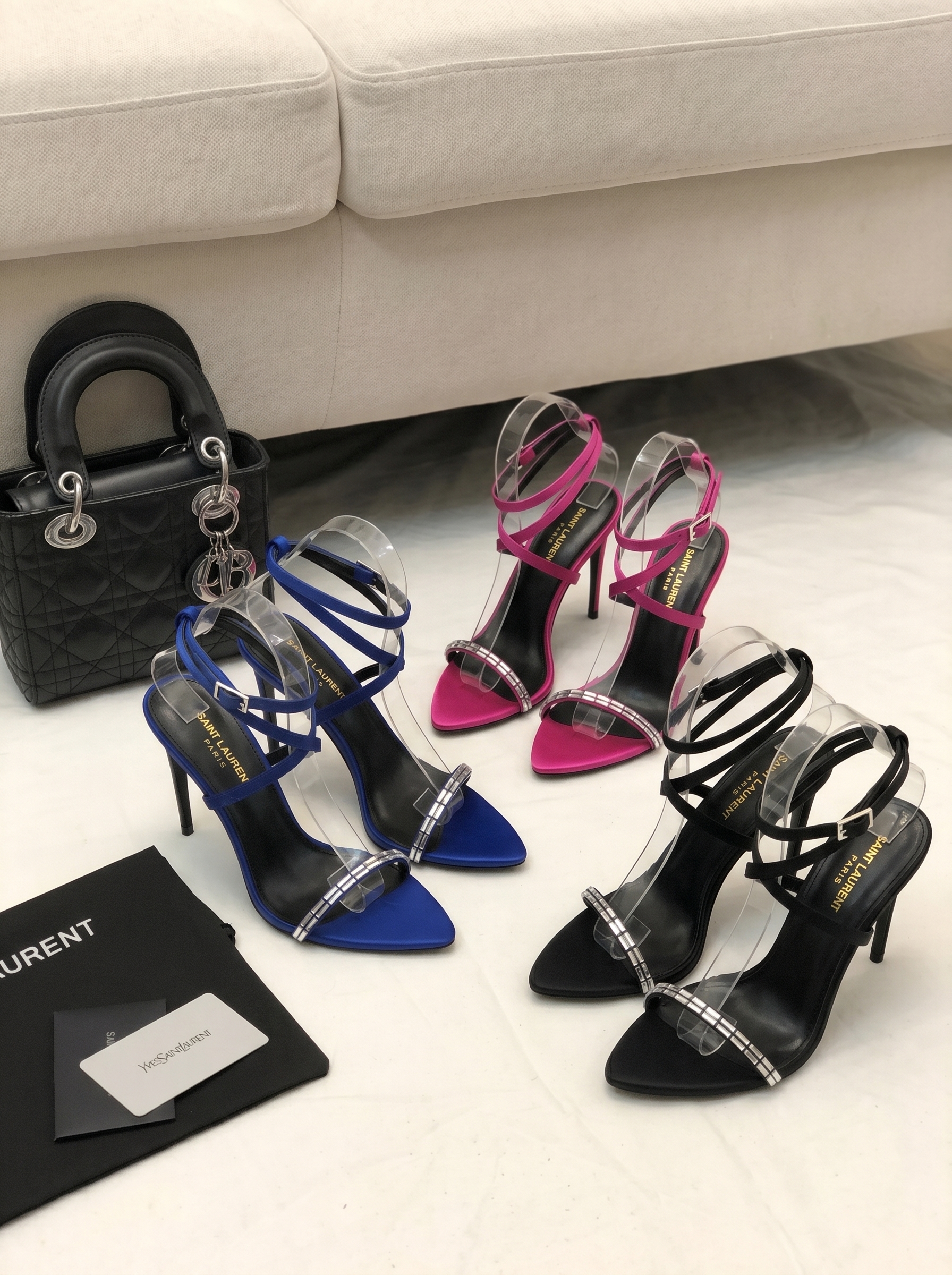 Saint Laurent YSL J'Adore Rectangular Crystal Pointed Toe Ankle Strap Crisscross Stiletto Heels Sandal - KAIROO
