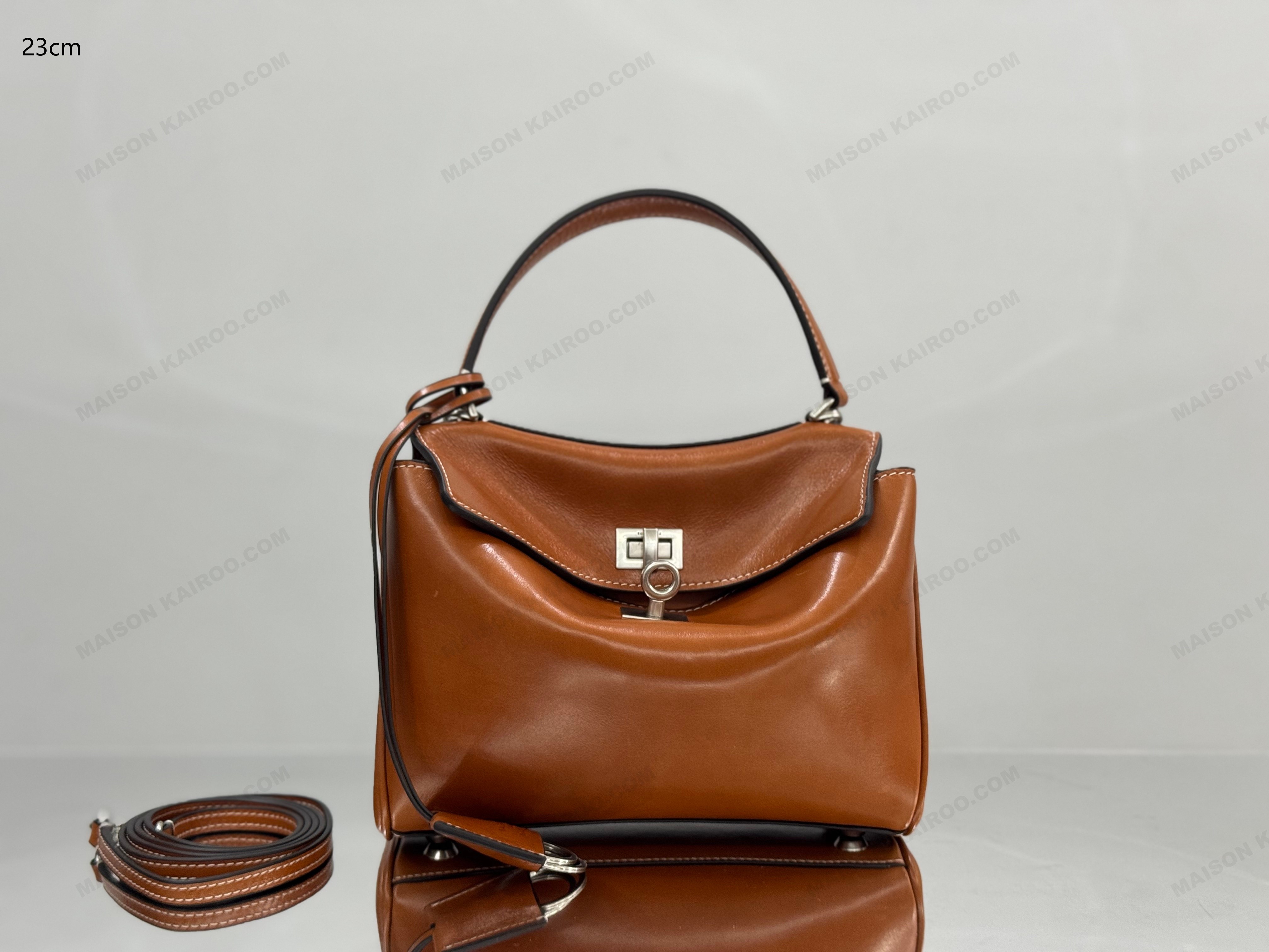 【10A】Balenciaga Rodeo Tan Brown Slouchy Kelly Smooth Leather Silver Turn Lock Tote Top Handle Bag - KAIROO