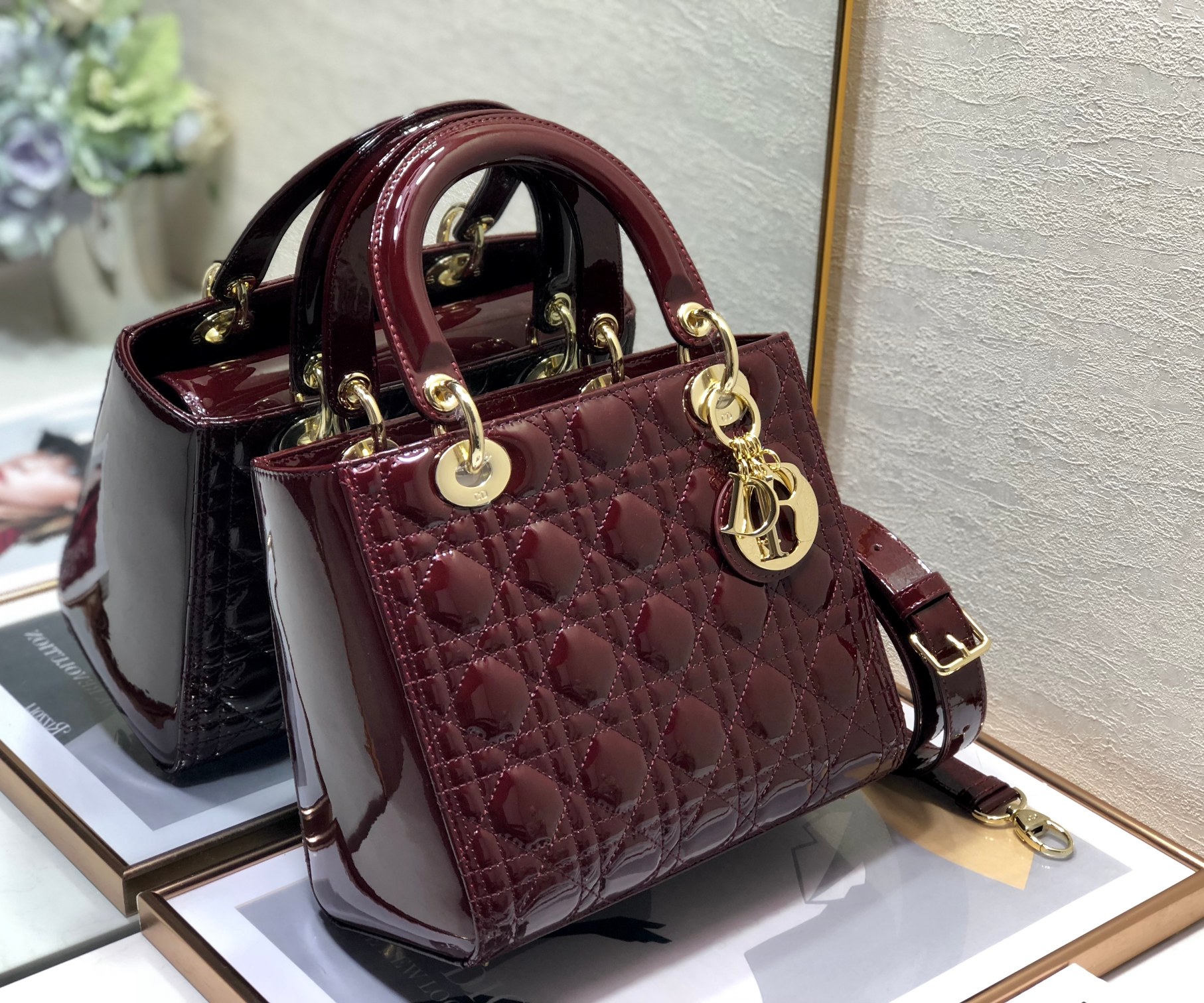 Medium Lady Dior Bag in Dark Red Patent Cannage Leather