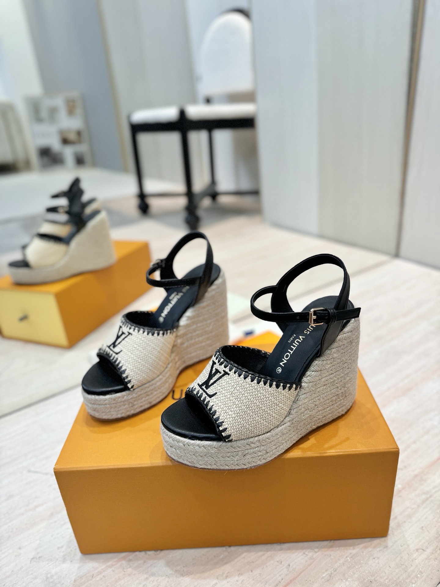 Louis Vuitton LV Logo Embroidered Natural Woven Jute Wedge Ankle Strap Platform Heel Sandals - KAIROO