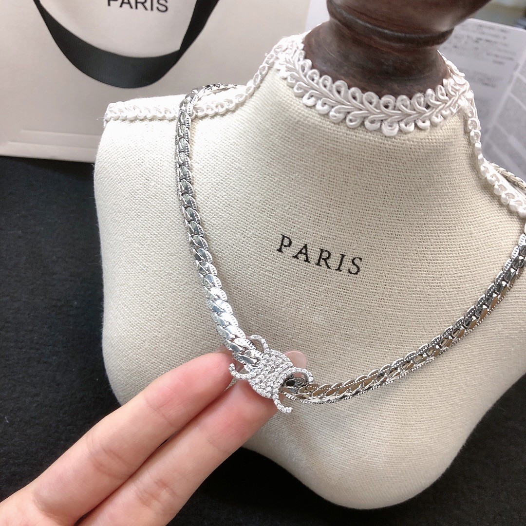 Celine Gold Finish Cuban Link Chain with Central Pave Crystal Triomphe Buckle Chunky Necklace - KAIROO