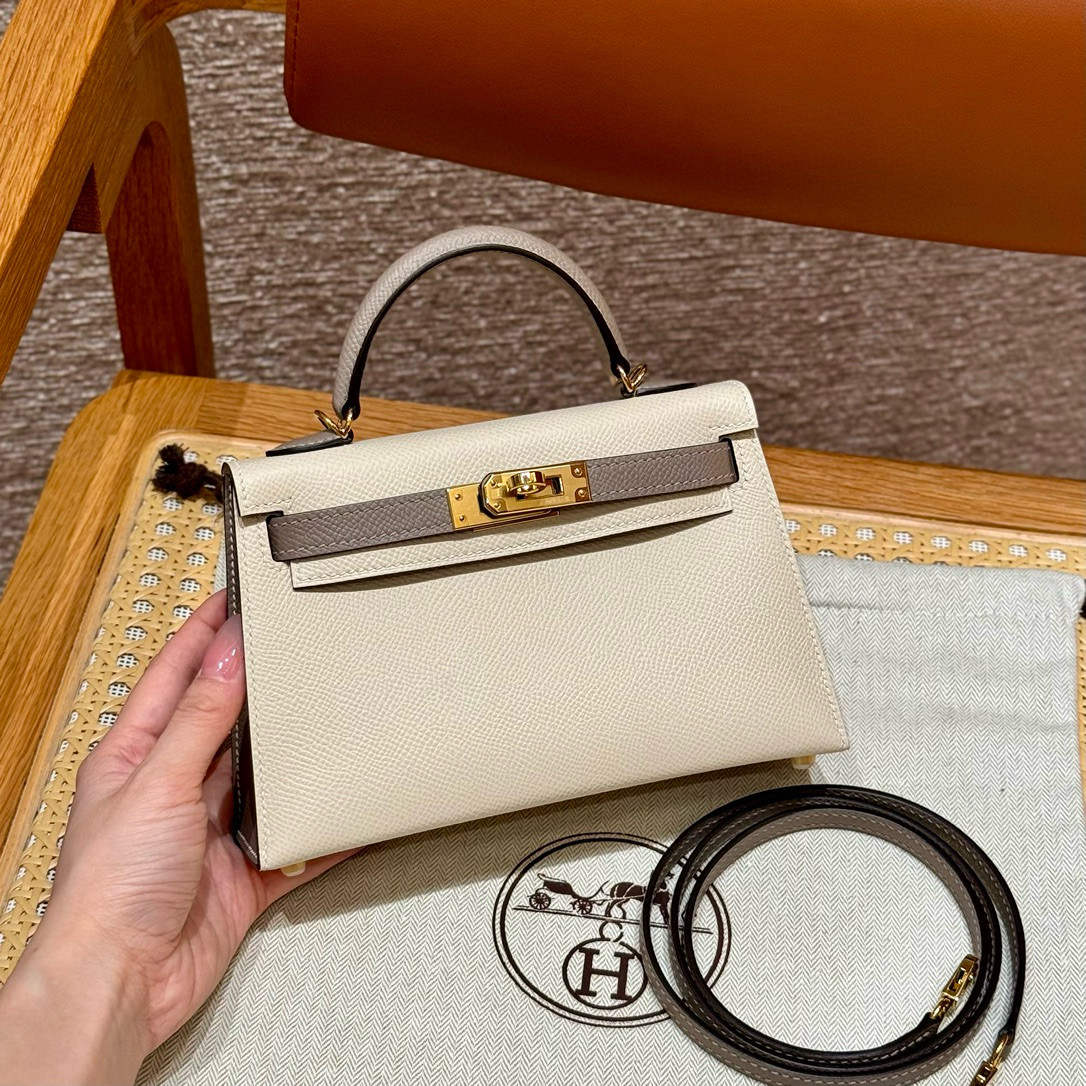 Hermes Bicolor Craie and Gris Asphalte Epsom Mini Kelly 20 II