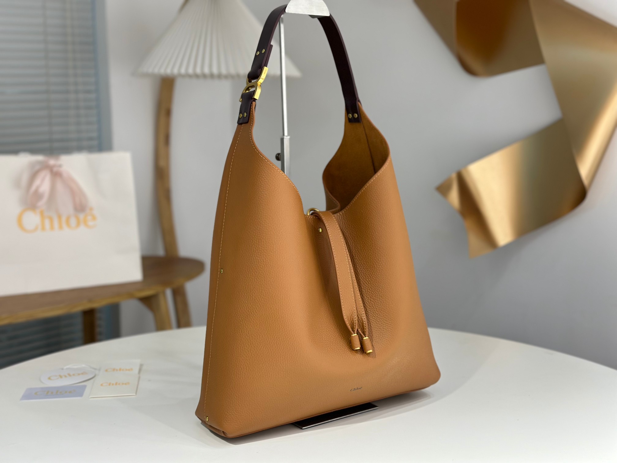 Chloe Large Marcie Hobo Bag in Grained Leather-Camel
