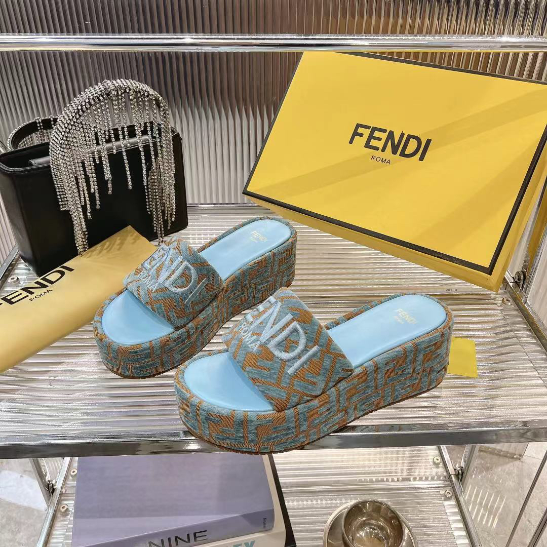 Fendi Baby Blue Open Toe FF Monogram Jacquard Canvas Platform Slippers - KAIROO