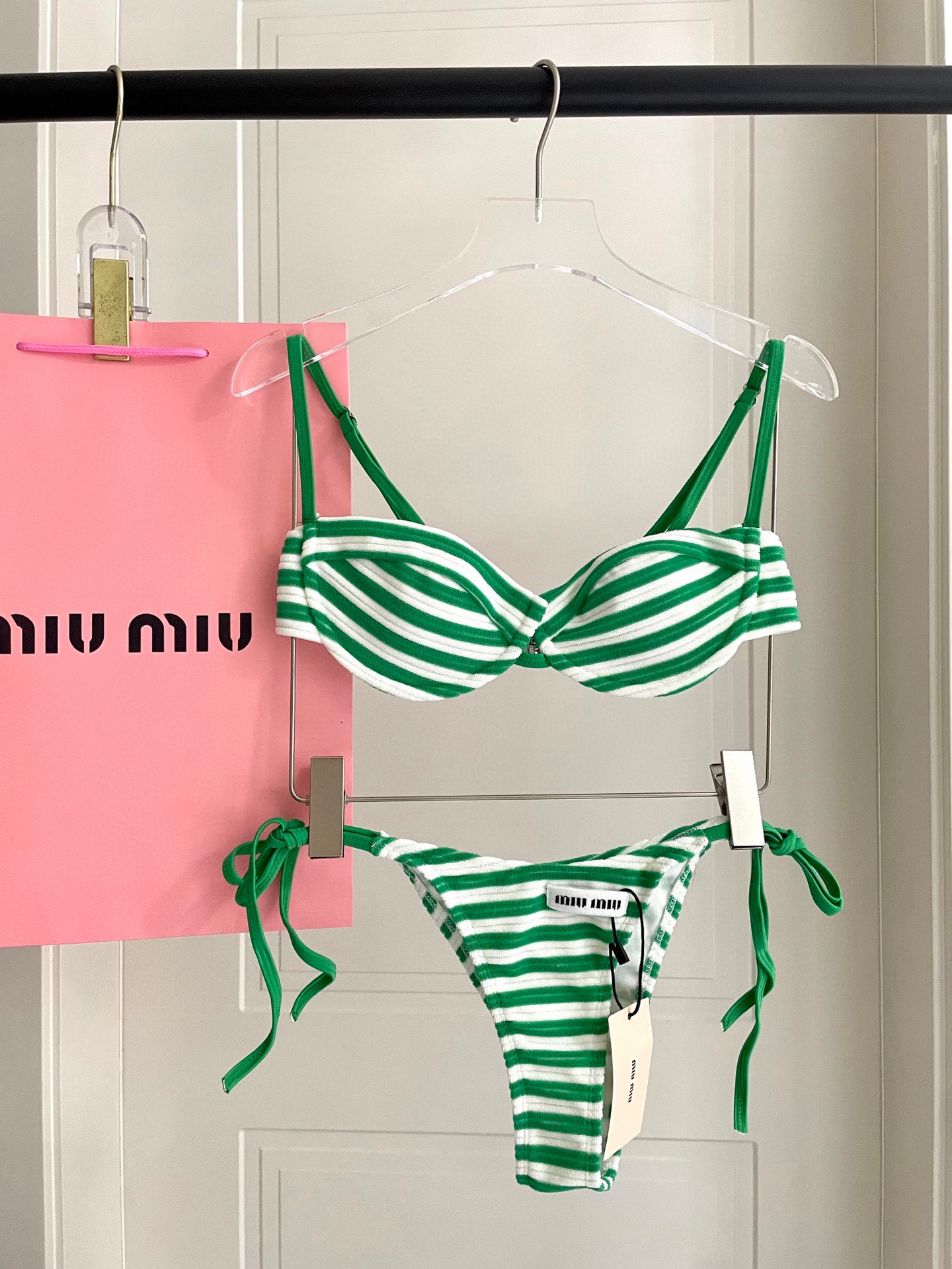 Miu Miu Green Velvet Stripe Twist Underwire Bikini Two-Piece Swimsuit - KAIROO