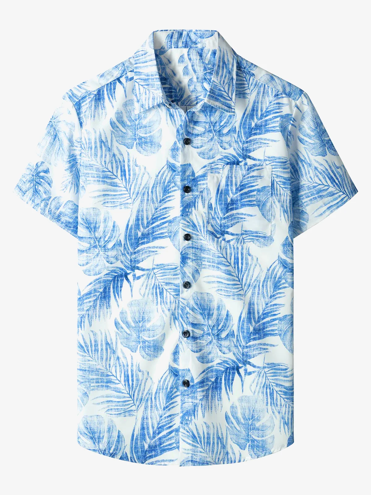 Men's Blue Tropical Plant Print Casual Pocket Hawaiian Short Sleeve Shirt