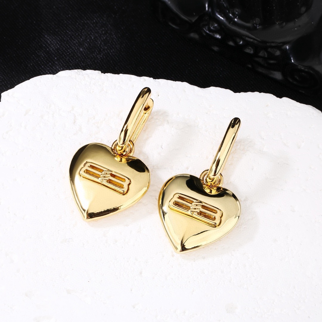 Balenciaga BB Icon Embossed Puffy Heart Hoops Gold Tone Drop Earrings - KAIROO