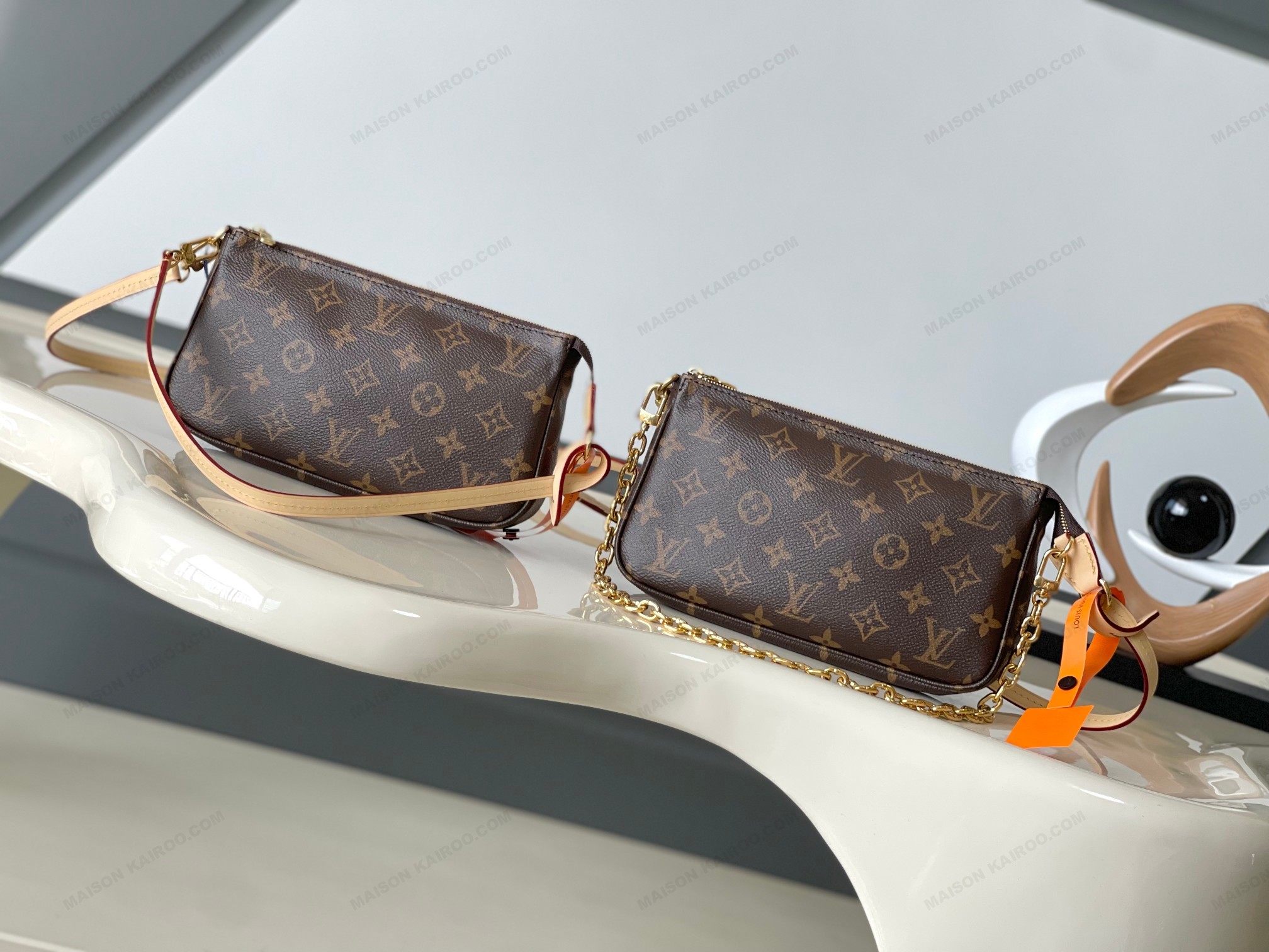 Louis Vuitton LV Pochette Accessoires Brown Monogram Canvas Leather Strap Chain PA Pouch Hobo Shoulder Bag - KAIROO
