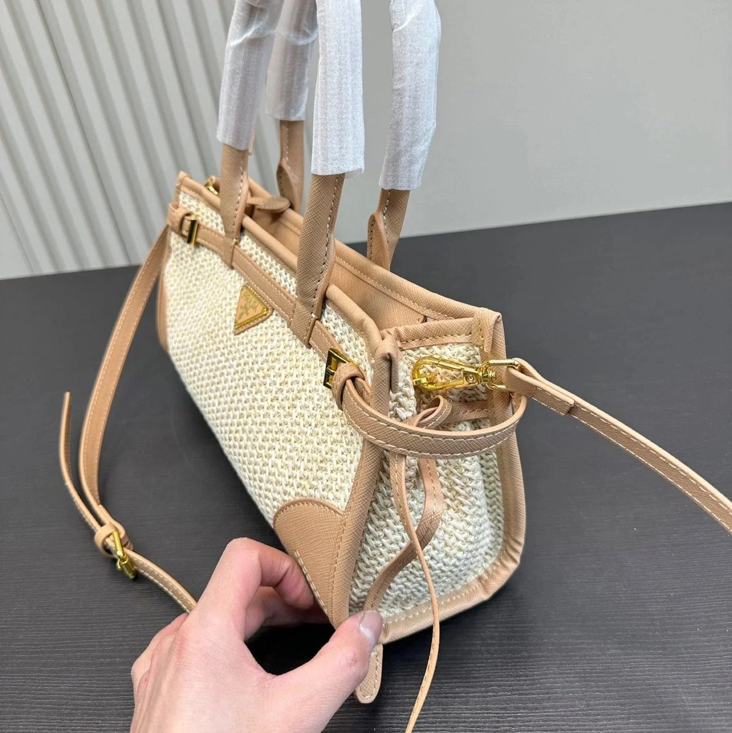 Prada BONNIE SOFT LUX HANDBAG 32 IN BEIGE WOVEN RAFFIA WITH TAN CALFSKIN