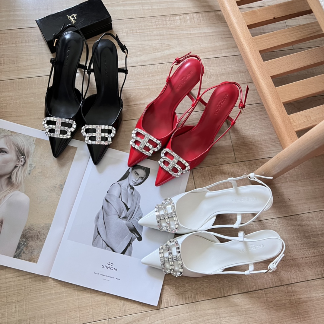 Balenciaga Crystal BB Logo Pointed Toe Patent Leather Knife Slingbacks Strap Heels - KAIROO