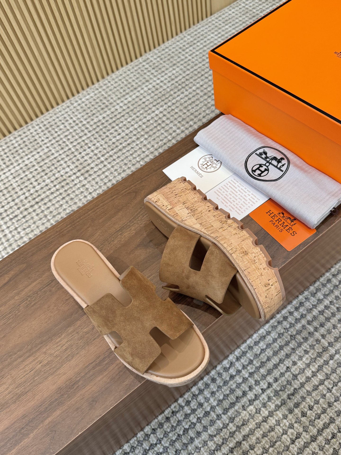 Hermes Brown Suede Leather H-Cutout Cork Sole Slide Sandal - KAIROO