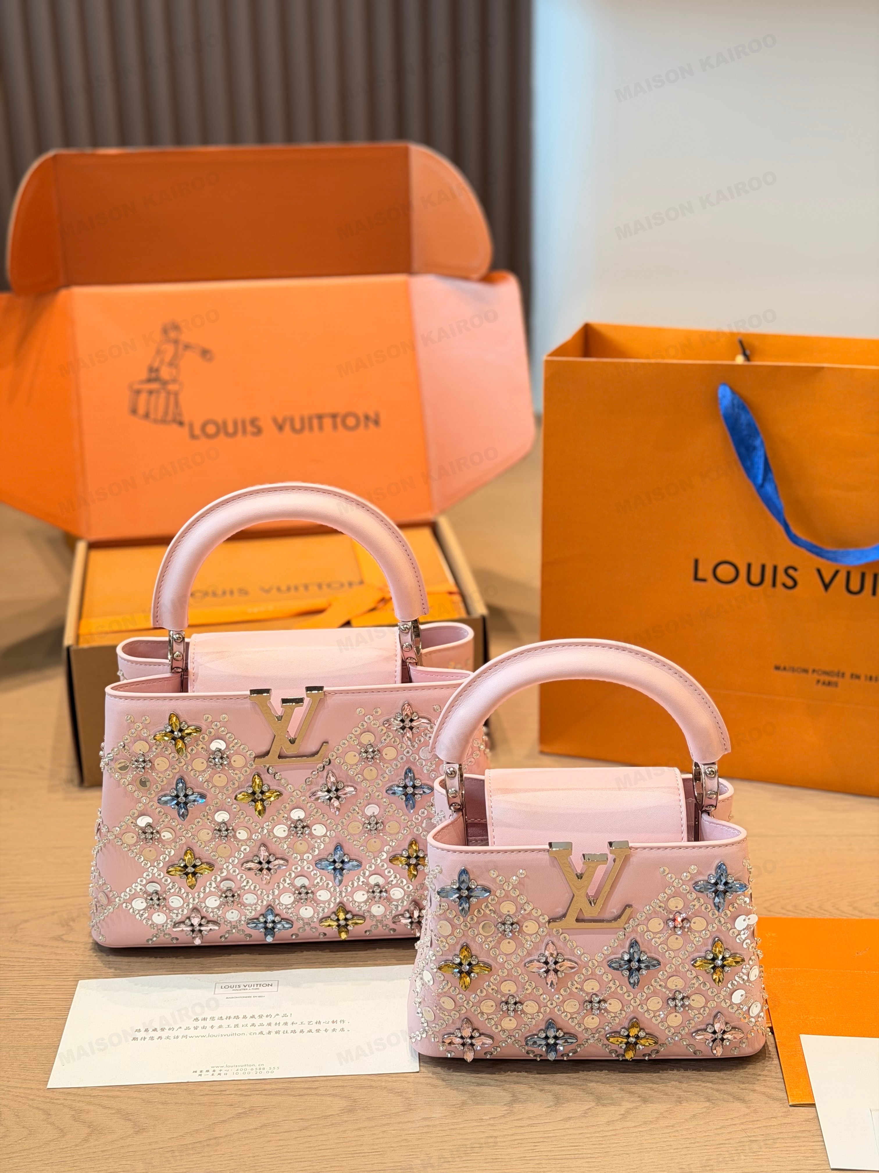 Louis Vuitton LV Capucines BB/Mini Pink Multicolor Crystal Diamond Embellished Leather Top Handle Bag - KAIROO
