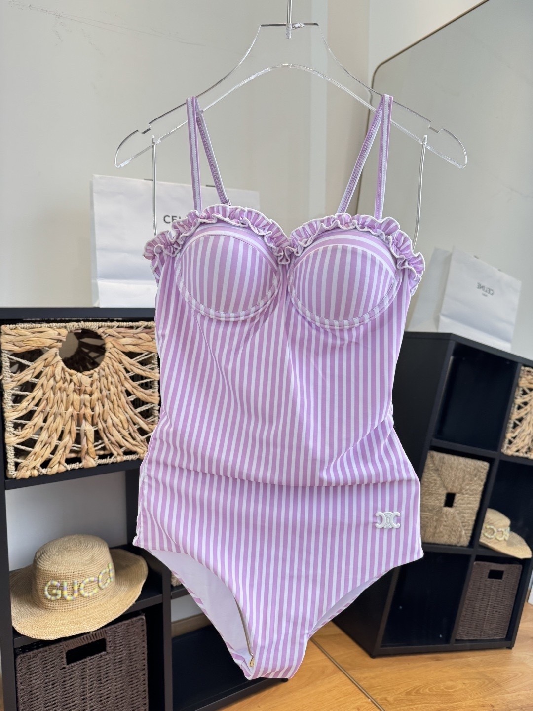 Celine Lavender Pink Striped Ruffle Bandeau Triomphe Logo One-Piece Swimwear - KAIROO