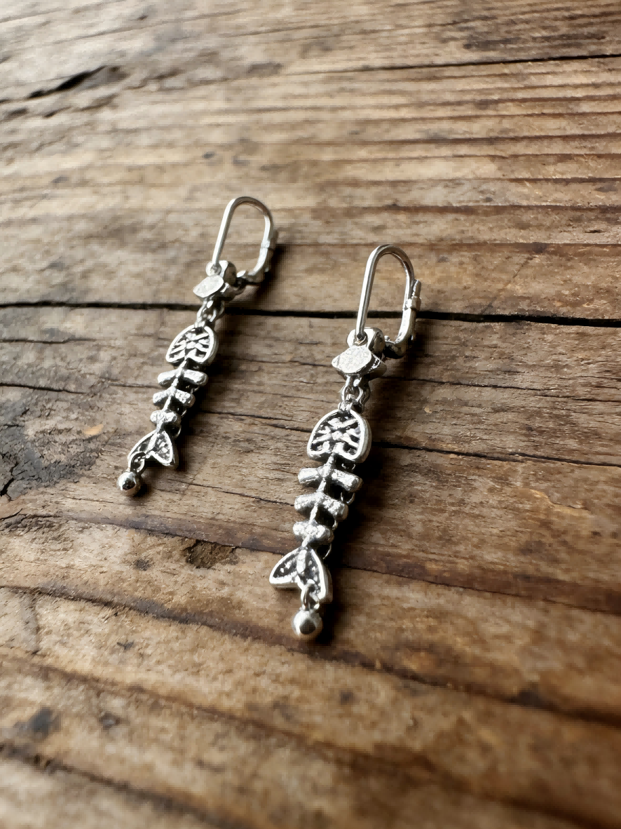 Silver Fishbone Drop Earrings | Dainty Rhinestone Minimalist Jewelry for Women