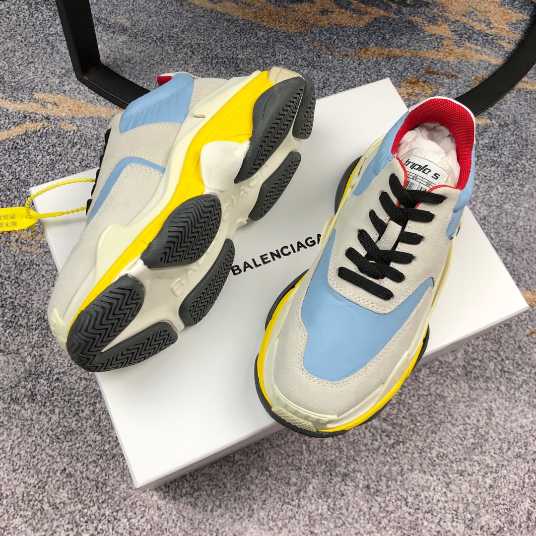 Balenciaga Triple S Blue Yellow Red Contrast Color Mesh Leather Panel Lace Up Chunky Sneakers - KAIROO