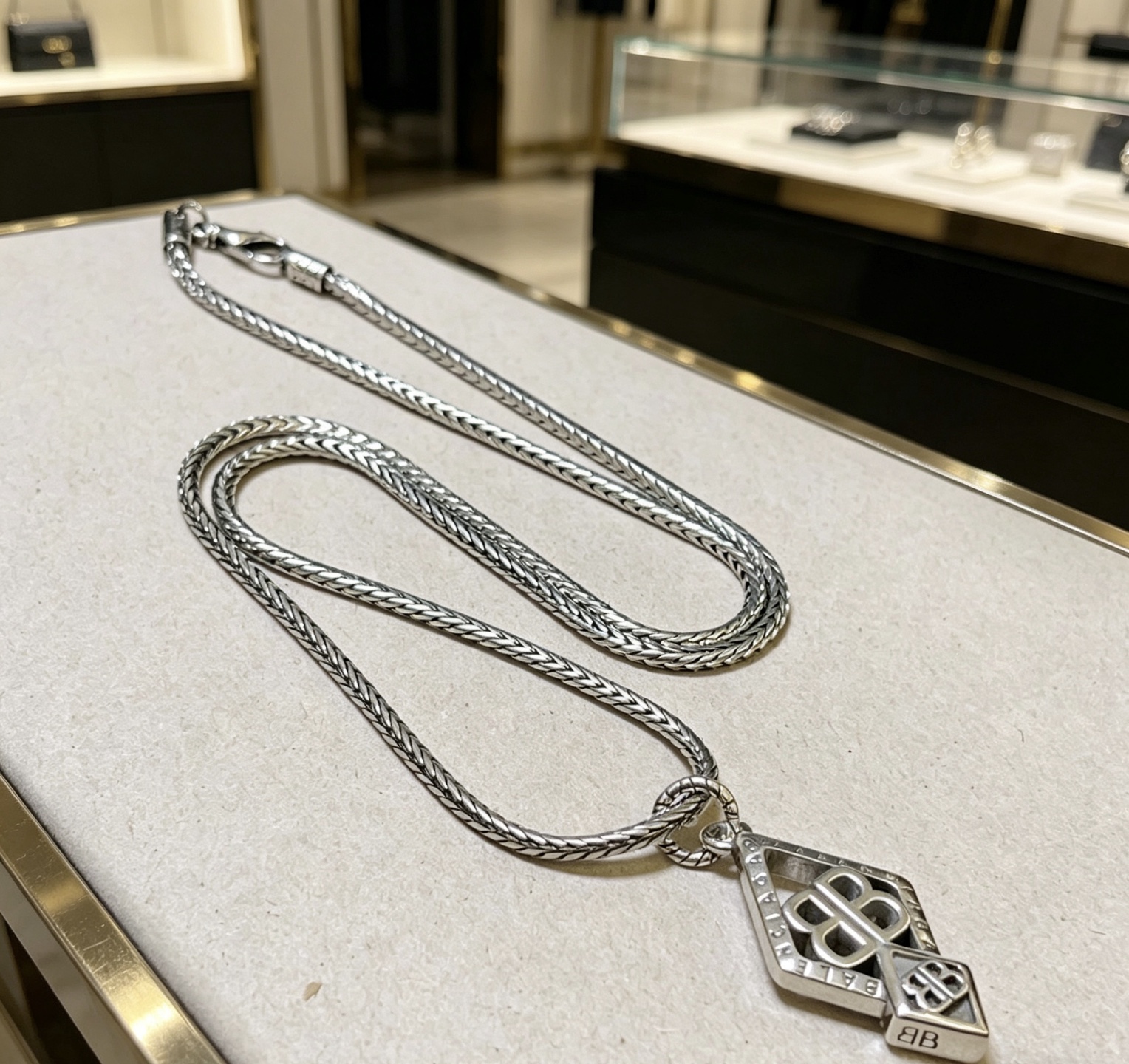 Balenciaga BB Icon Embossed Diamond Shaped Plaque Antique Silver Necklace - KAIROO