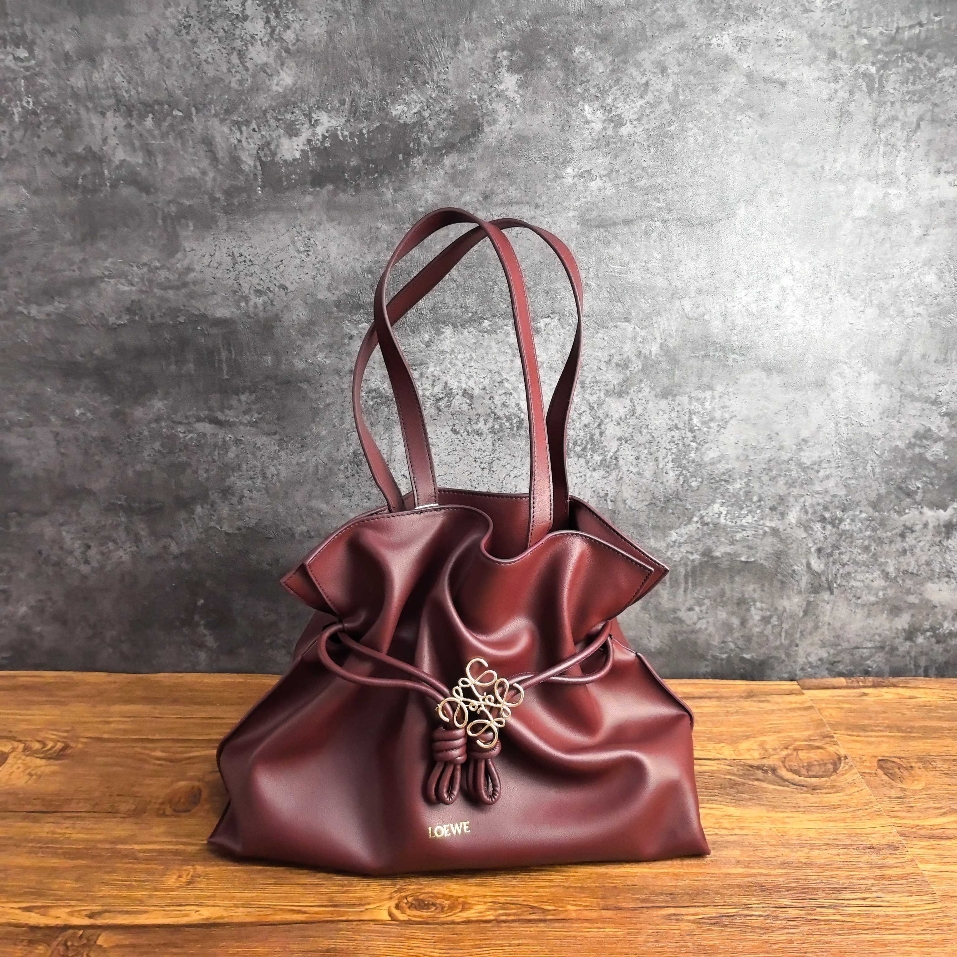 Loewe Burgundy XL Flamenco Clutch Drawstring Knots Nappa Leather Magnetic Closure Handle Bag - KAIROO