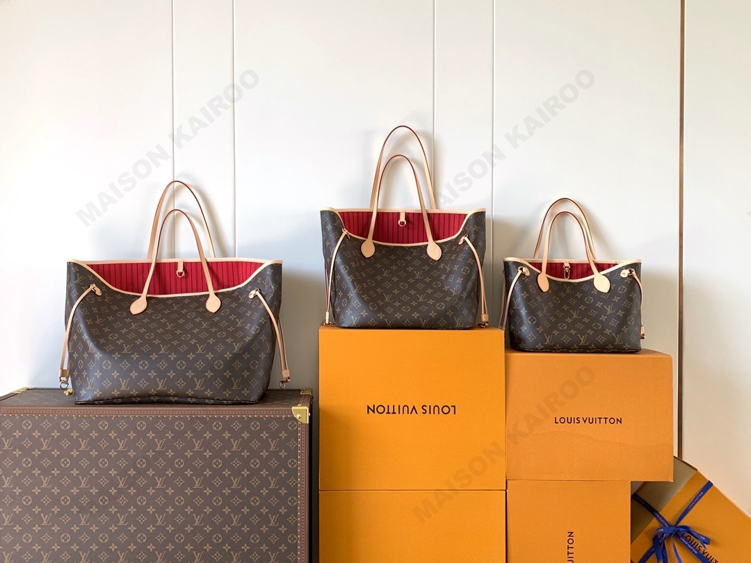 【10A】Louis Vuitton LV Neverfull PM/MM/GM Monogram Beige &Pink& Red &Fuchsia Lining Tote Top Handle Bag With Pouch - KAIROO