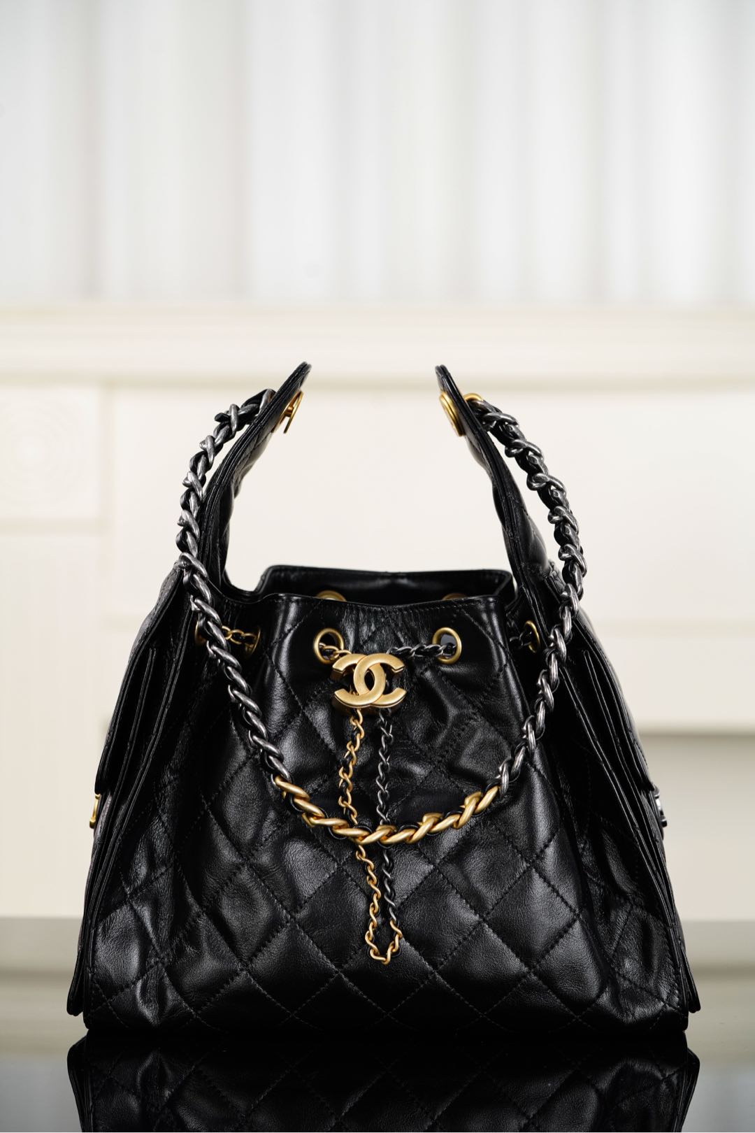 【15A】Chanel 25 Medium 30CM Quilted Caviar & Shiny Leather Drawstring Lazy Bucket Hobo Tote Bag - KAIROO