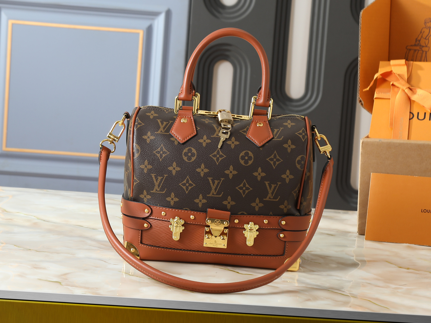 Louis Vuitton LV Speedy Bandoulière 22/30 Out Of The Trunk Classic Monogram Canvas Leather Tan Trunk Bottom Handbag - KAIROO