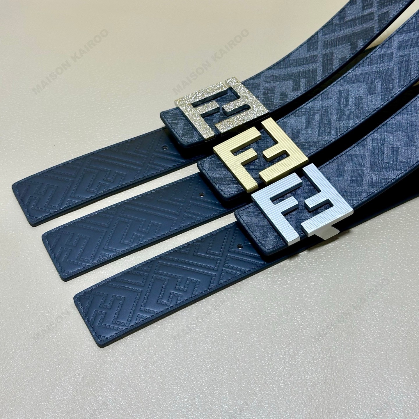 Fendi FF Navy Embossed FF Leather 4.0 Textured Grain/Brushed Reversible Pin Buckle Cuoio Romano Belt - KAIROO