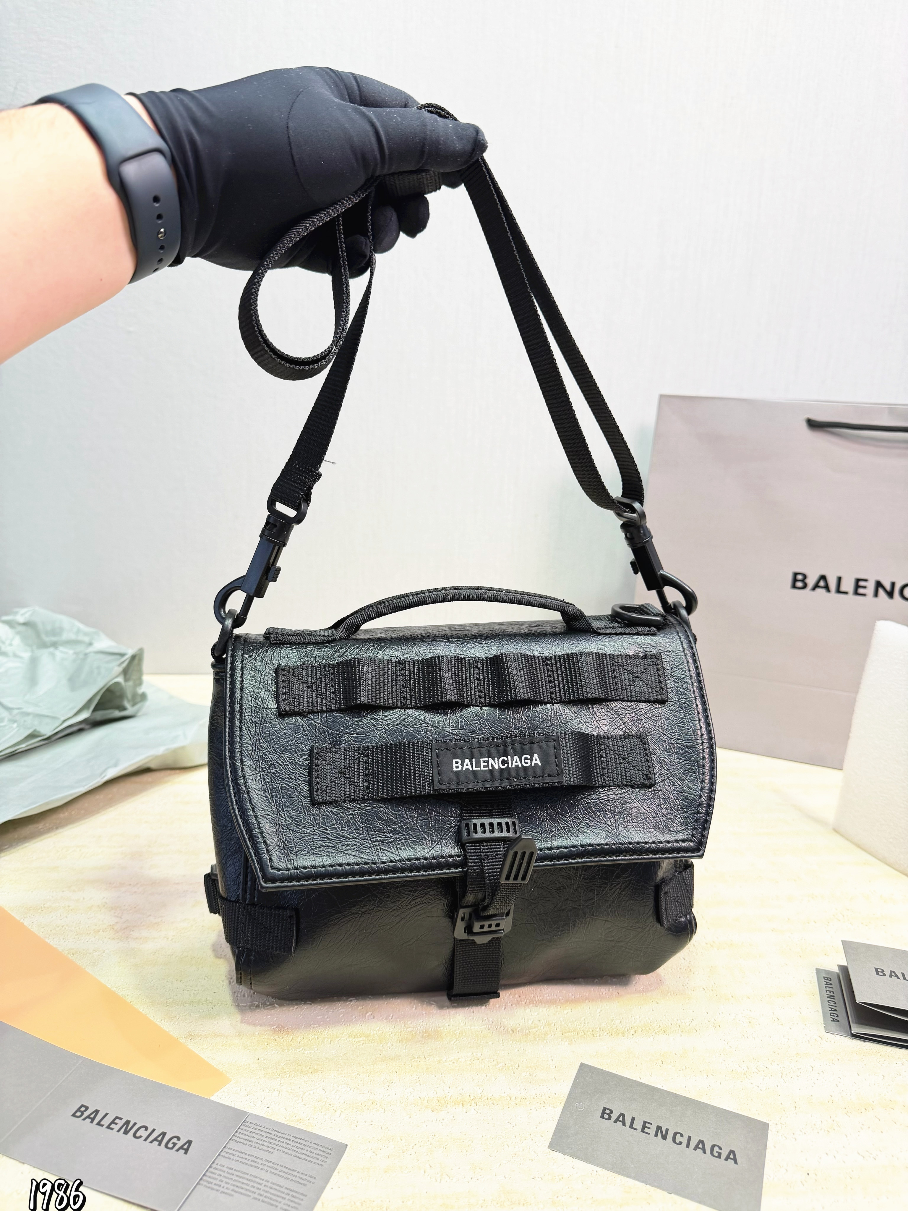 Balenciaga Army Tactical Webbing Crinkled Leather Webbing Strap Crossbody Messenger Bag - KAIROO
