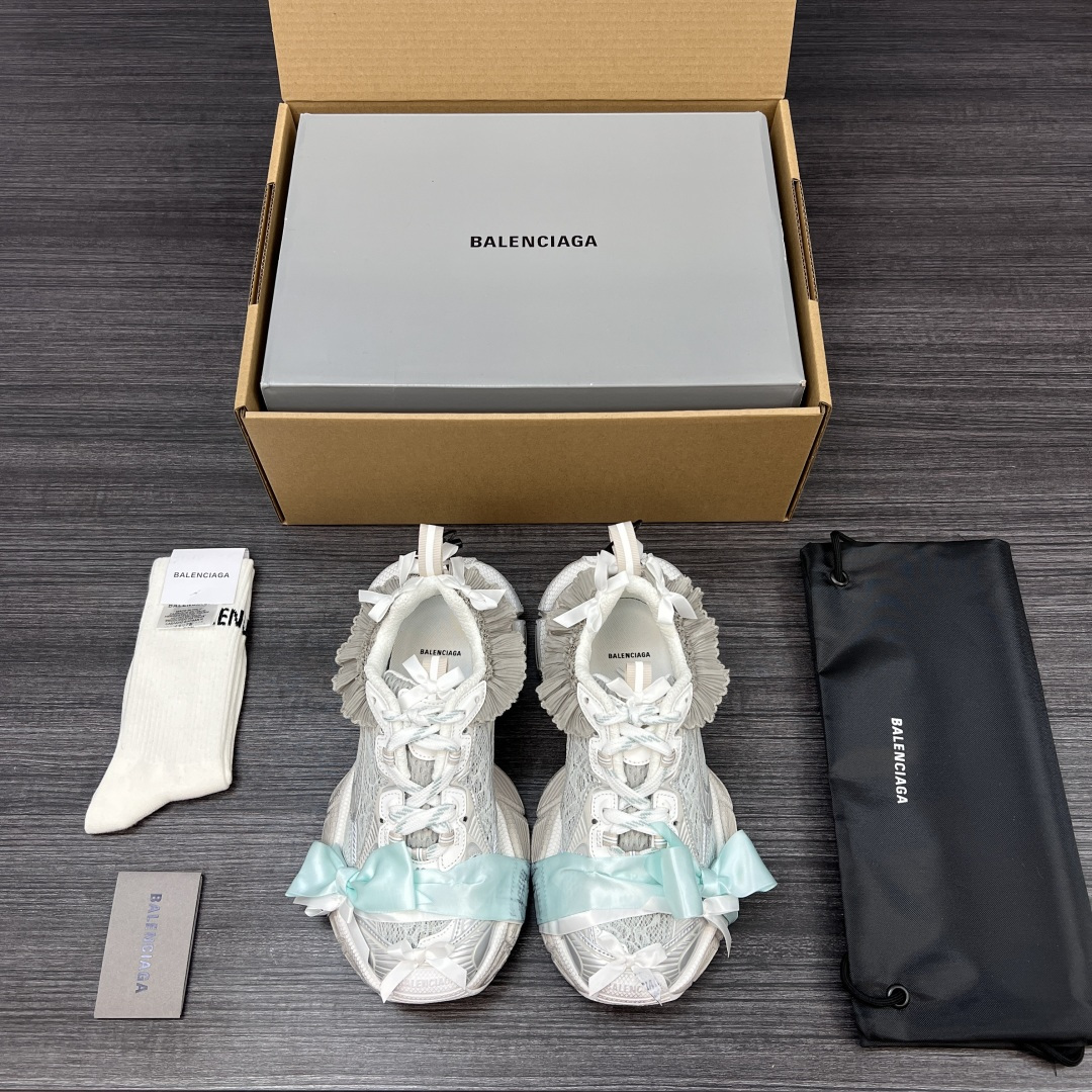 Balenciaga 3XL Mint Green Lace Mesh Satin Ribbon Bow Ruffle Trim Oversized Chunky Sneaker - KAIROO