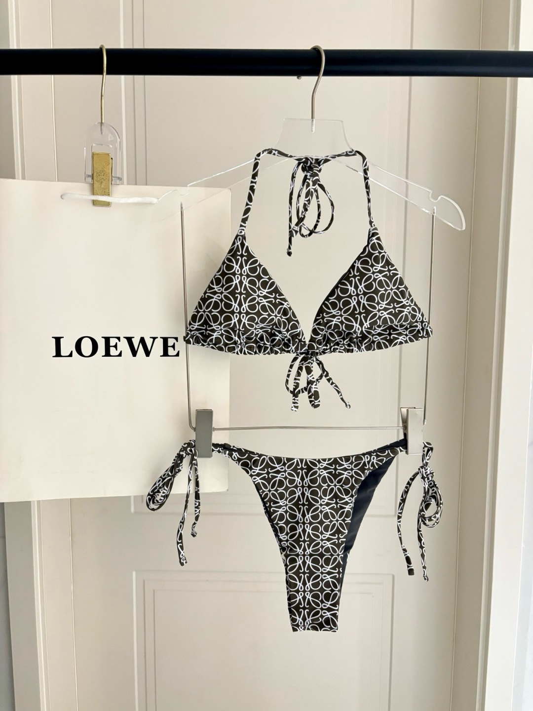 Loewe Black Repeat All-Over Anagram Print Triangle Halter Bikini Swimsuit Two-Piece Set - KAIROO